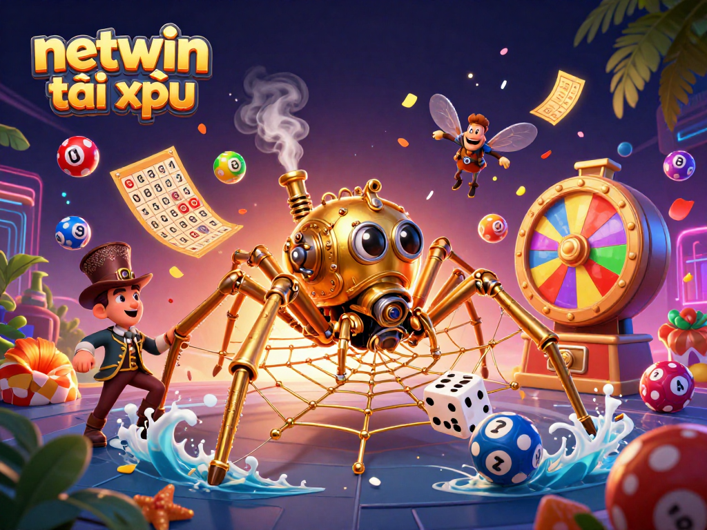 Engage with netwin tài xỉu as the golden spider captures dice in a vibrant casino scene.