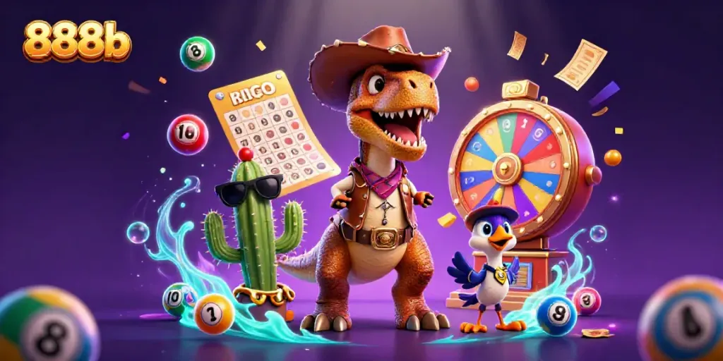 Engage with 888b in a vibrant 3D illustration featuring a cowboy T-Rex, cactus, and roadrunner amidst energetic lottery elements.
