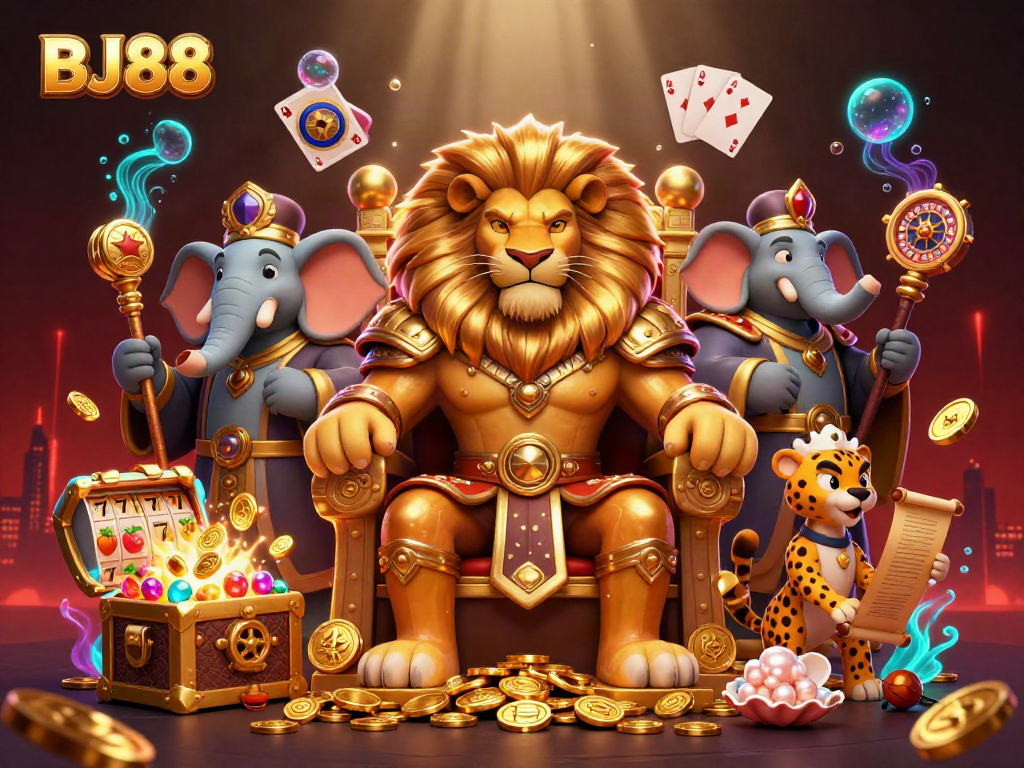 Engage with BJ88's vibrant casino illustration featuring a lion king, elephant advisor, and cheetah messenger.