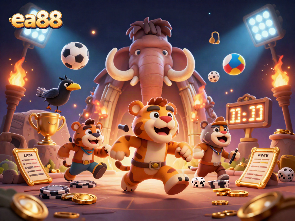 ea88 casino illustration featuring a caveman and sabertooth tiger with dynamic betting elements.