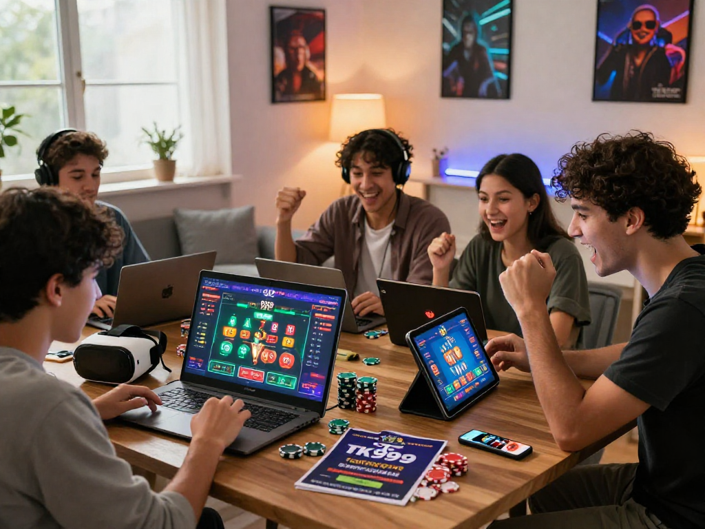 Excited players interacting with the TK999 online sports betting platform, celebrating wins with devices in a lively home setting.