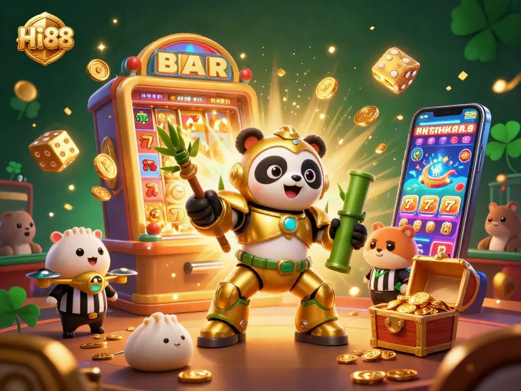 Engage with Hi88's online casino excitement in a vibrant illustrated 3D scene featuring dynamic game elements.