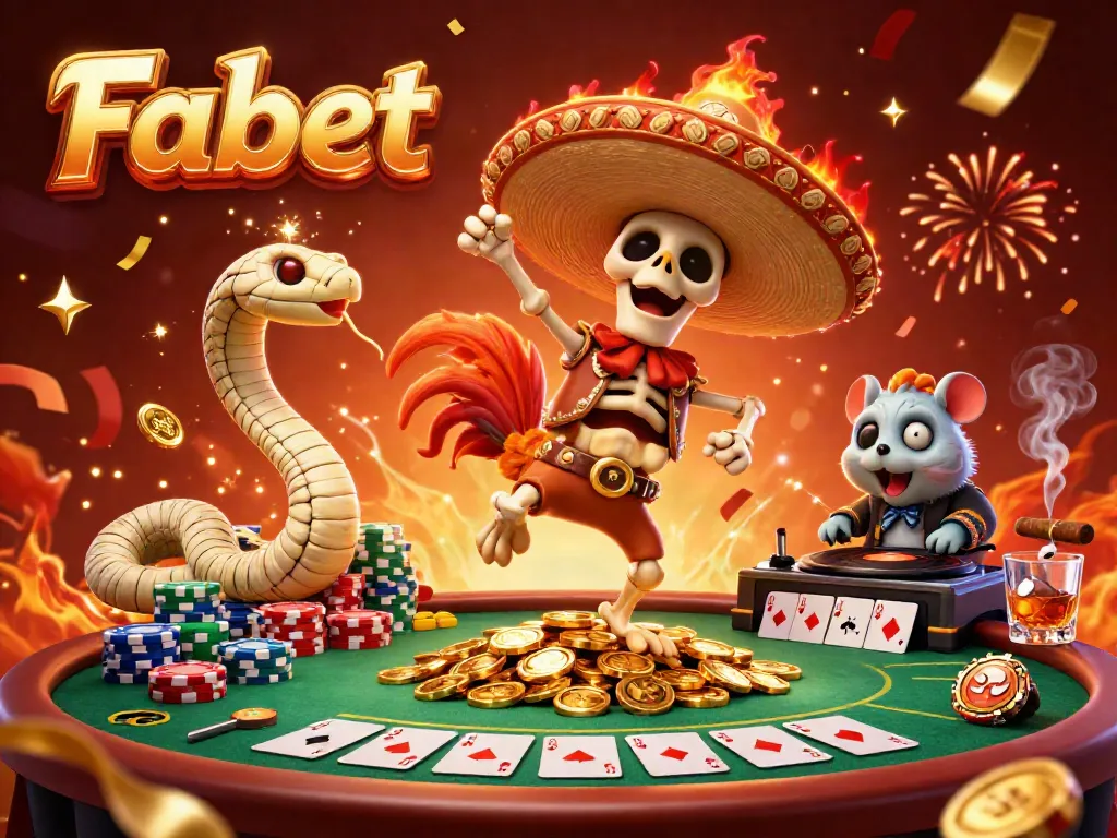 Fabet features a vibrant 3D scene with a skeleton rooster, mummy snake, and DJ hamster celebrating on a pile of coins.