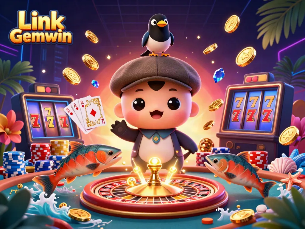 Engage with Link Gemwin in a lively casino scene featuring the baby Loch Ness monster, gold-obsessed magpie, and tartan salmon amidst dazzling game elements.