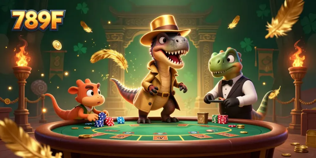 Experience 789F casino dynamics with colorful characters at a blackjack table, lively action.