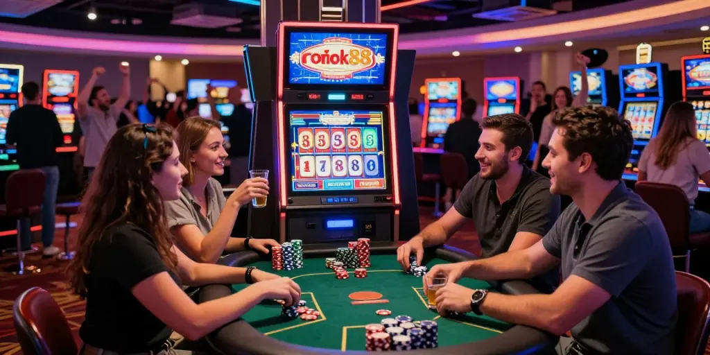 Exciting scene at a rokok88 slot machine in a lively casino with friends enjoying the game together.