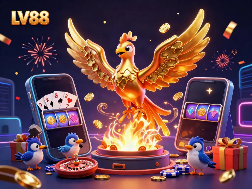 Experience the winning thrill at LV88 with a dynamic casino scene featuring a golden phoenix and immersive game elements.