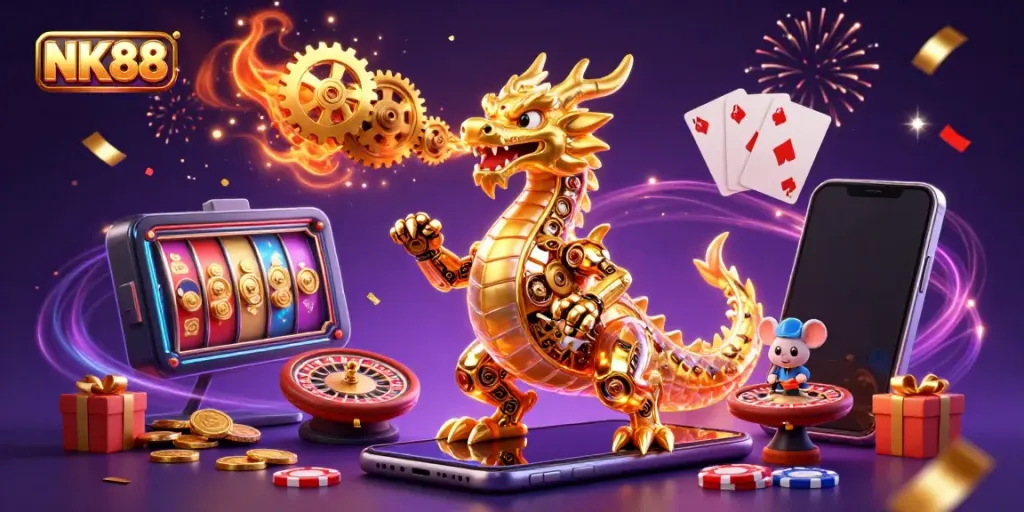 Experience the dynamic world of NK88 casino with a golden dragon and game elements in vibrant 3D.