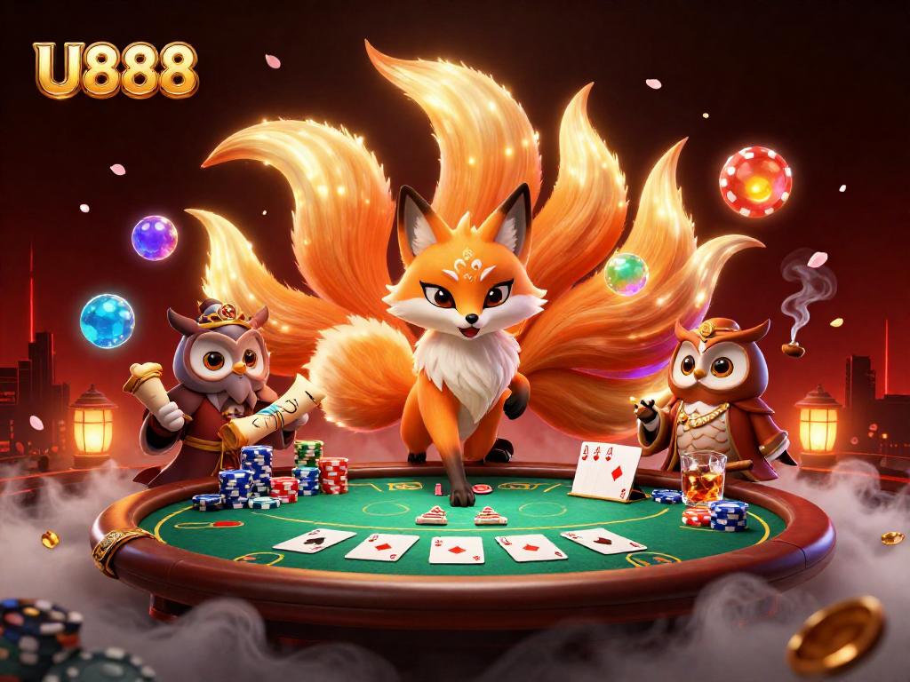 Experience U888's dynamic gaming with a nine-tailed fox, poker elements, and vibrant energy.