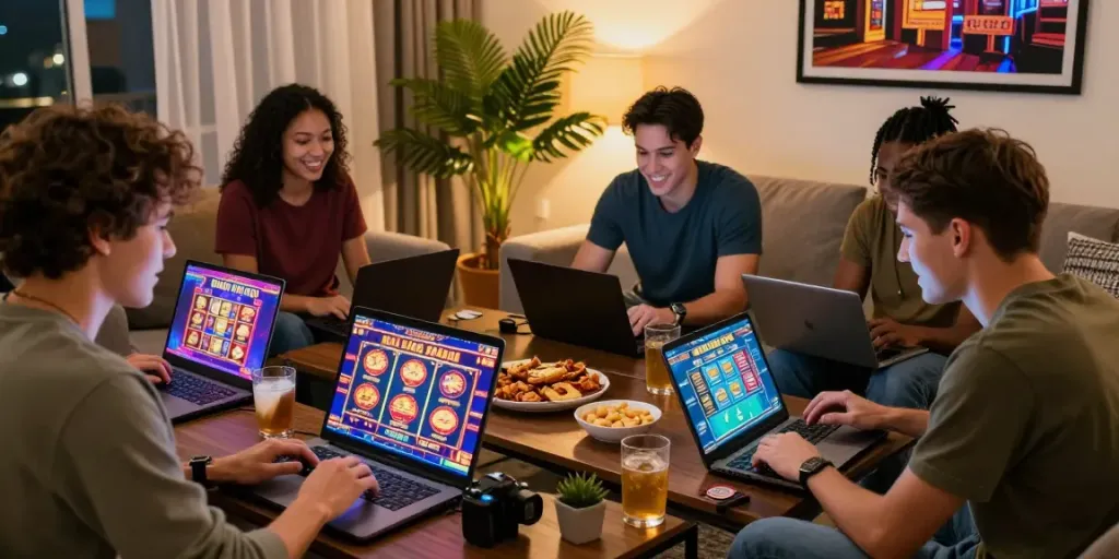 Engaging group enjoying real money USA online casinos in a cozy living room, showcasing vibrant gaming excitement.