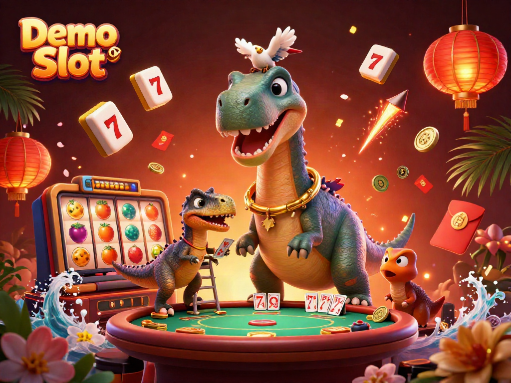 Spin the reels in a vibrant Demo Slot scene featuring a dinosaur and dynamic gaming elements.