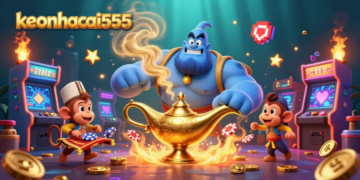 Engage with keonhacai555 in a vibrant casino scene featuring a genie, monkey, and poker chips.