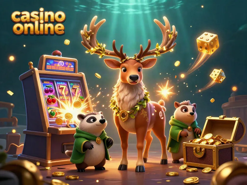 Experience the thrill of casino online with a magical Celtic druid stag and a wise badger amidst a jackpot scene.