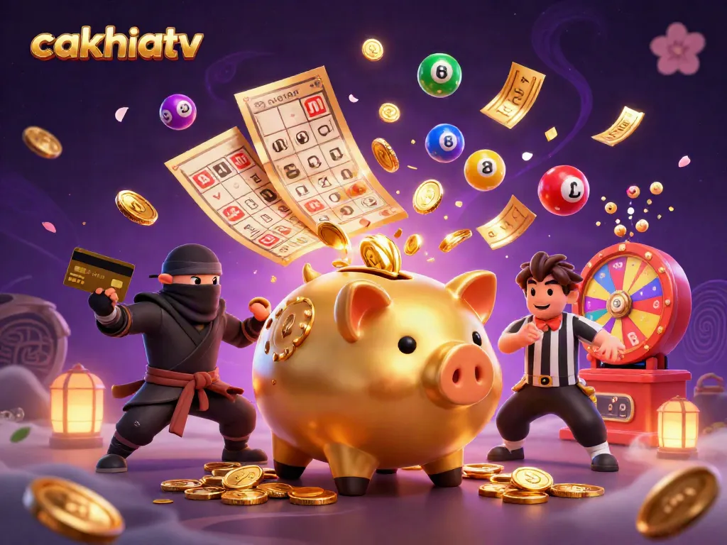 Cakhiatv showcases a dynamic casino scene with a golden piggy bank, ninja, and referee among vibrant gaming elements, engaging players.