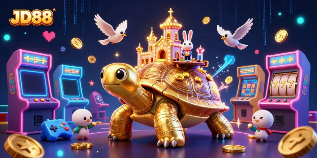 Experience winning at JD88 with a vibrant casino scene featuring a golden tortoise and dynamic game machines.