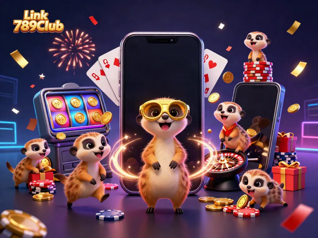 Experience the excitement of Link 789Club with meerkats orchestrating an elaborate online casino scene.
