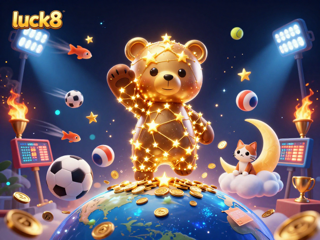 Experience the thrill of luck8 with golden stars and sports elements in this dynamic illustration