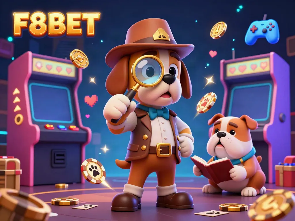 Join F8BET and uncover treasure in a vibrant casino world with a bloodhound detective and paw-print clues.