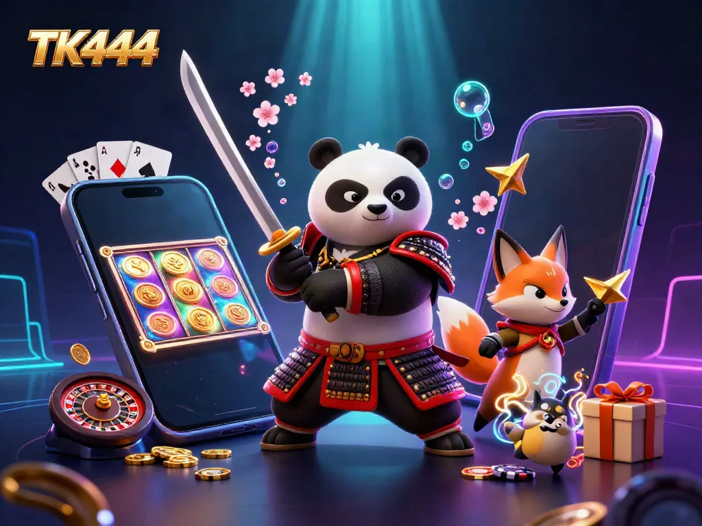Experience the thrilling world of TK444 casino with dynamic characters and vibrant game elements.