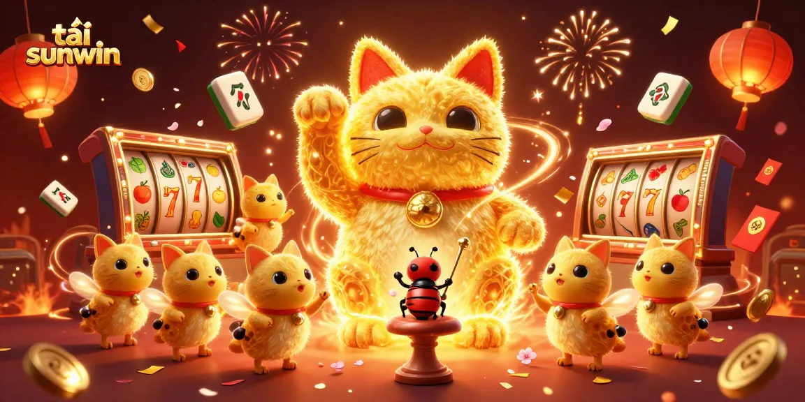 Experience the thrill of gaming with tải sunwin, featuring a lucky cat, fireflies, and vibrant casino elements.