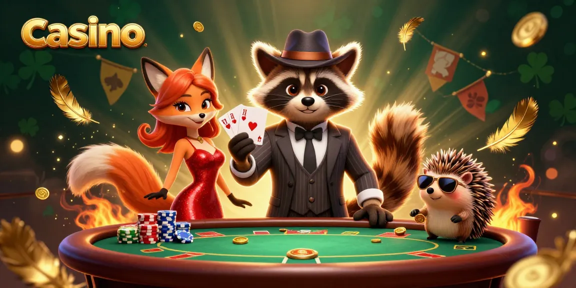 Engage in thrilling casino poker with a suave raccoon and stylish fox amid a vibrant scene.