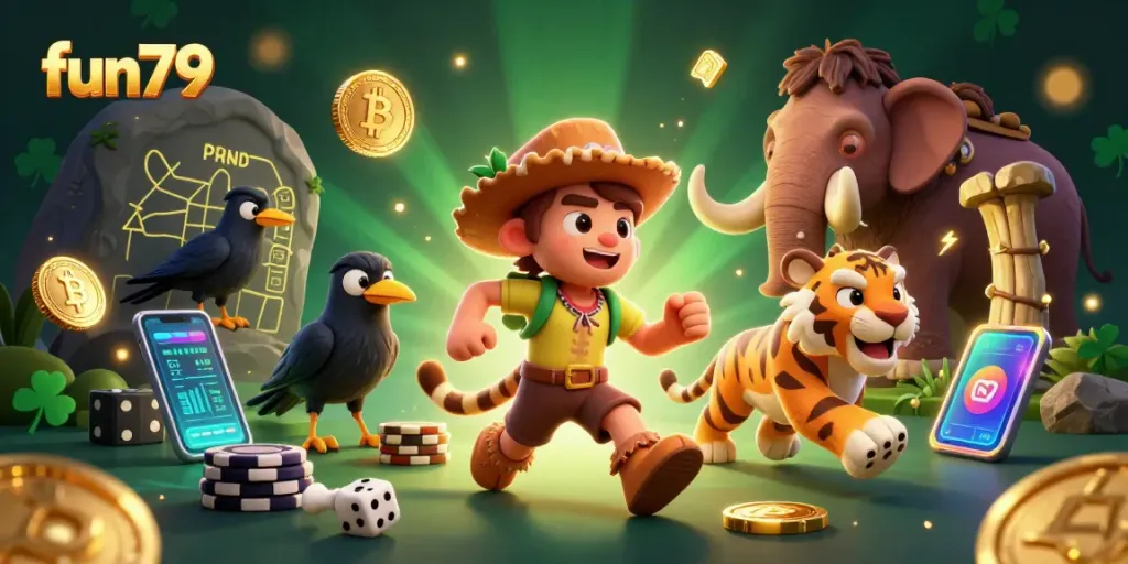 Fun79 engages players with a dynamic prehistoric casino scene filled with vibrant game elements.