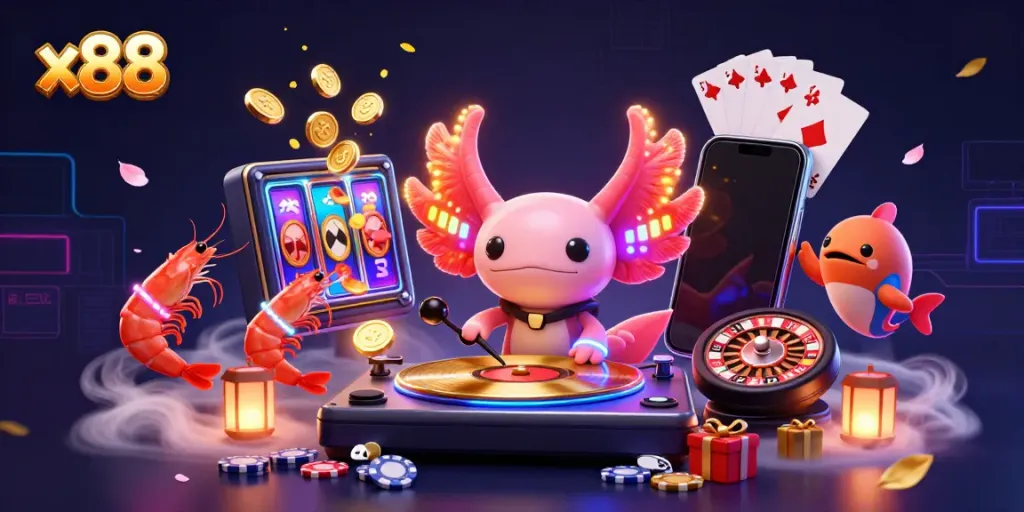 x88 vibrantly showcases a lively cartoon casino scene with an axolotl DJ and colorful gaming elements.