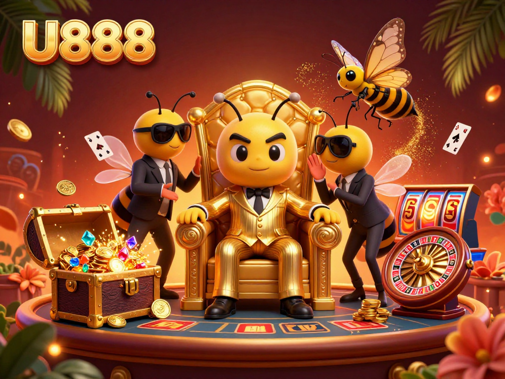 Experience U888's vibrant casino thrills with a cartoon mob boss in a golden throne, surrounded by lively game elements.
