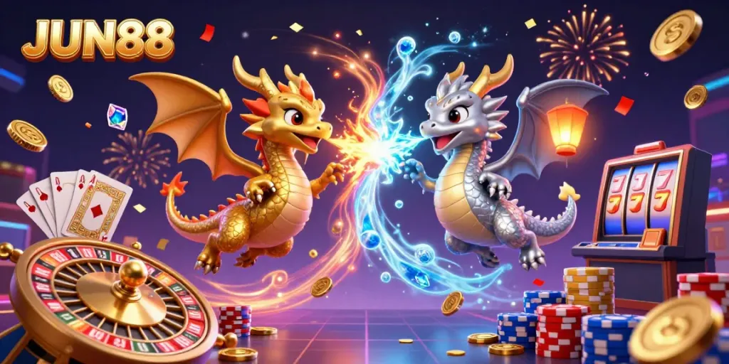Experience the excitement of JUN88 with 3D dragons and dynamic casino elements in this captivating illustration.