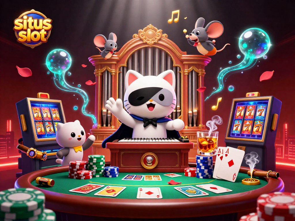 Engaging scene featuring situs slot elements with a casino-themed cat and acrobat in vibrant colors.