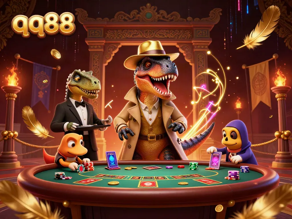 Engage with thrilling qq88 casino action featuring a velociraptor card counter and stegosaurus pit boss in a vibrant setting.