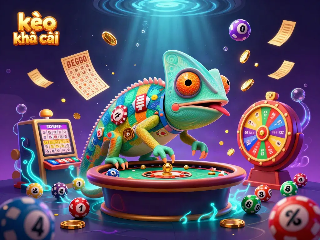 Experience the excitement of kèo nhà cái with a vibrant illustration showcasing a colorful casino scene featuring a chameleon owner and dynamic game elements.