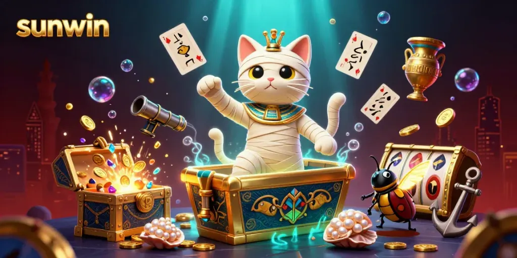 Experience sunwin's thrilling gaming atmosphere with a mummy cat and golden treasures in vibrant 3D illustration.