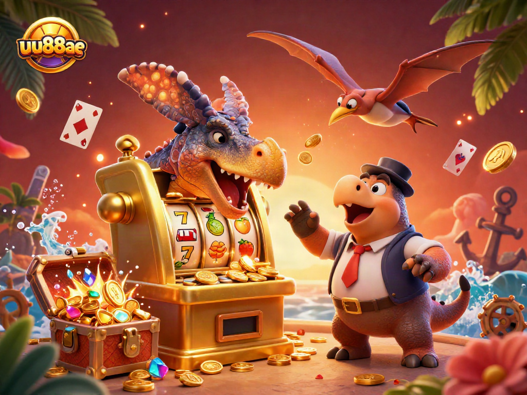 uu88ae jackpot scene with a pachycephalosaurus hitting a slot machine, surrounded by explosive coins and gaming elements
