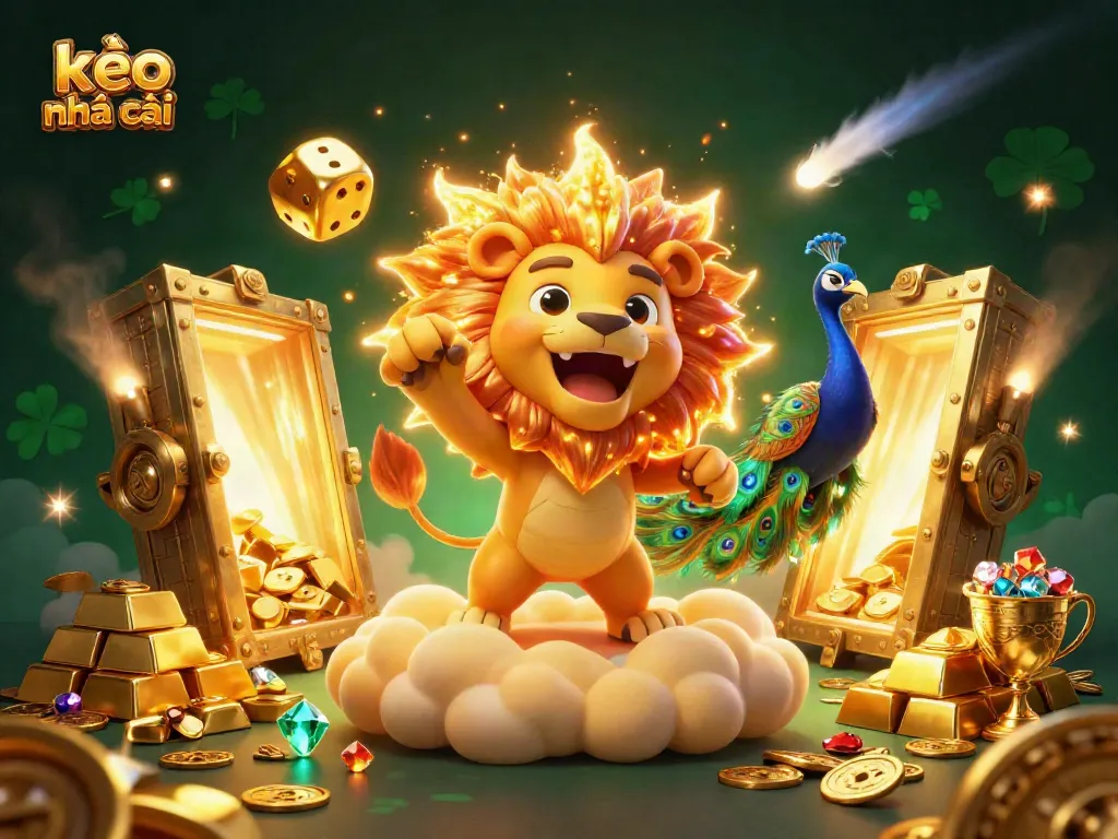 Engage with kèo nhà cái in this vibrant 3D scene featuring a solar lion, golden dice, and gems.