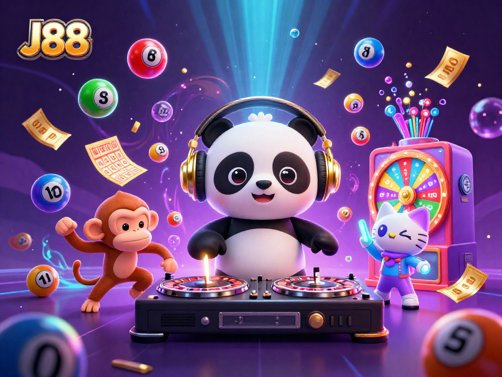 Engage in exciting gameplay with J88, featuring lively characters amidst colorful casino elements.