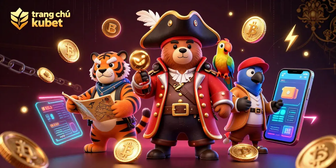 Explore the thrilling trang chủ kubet scene with pirate characters and cryptocurrency elements in an engaging casino environment.