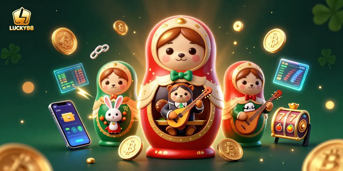 Spin the reels with LUCKY88 – a vibrant slot experience featuring charming characters and neon crypto elements.
