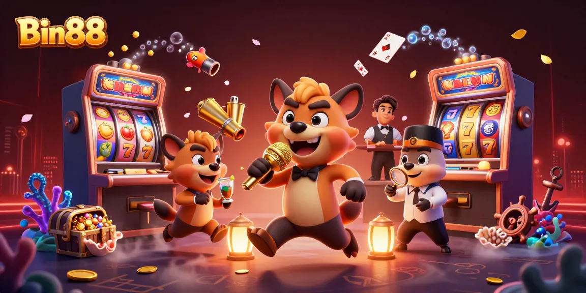 Engage in thrilling gaming at Bin88, featuring vibrant slot machines and lively hyena characters.