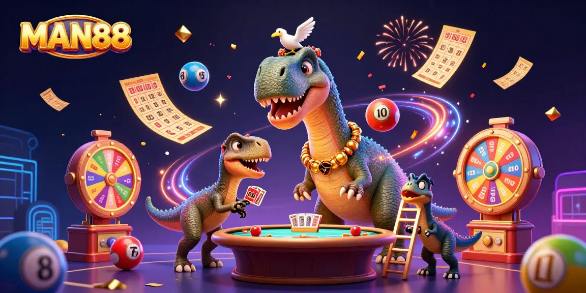 Join the excitement at MAN88 with a vibrant casino scene featuring a giant brontosaurus and a clever raptor!