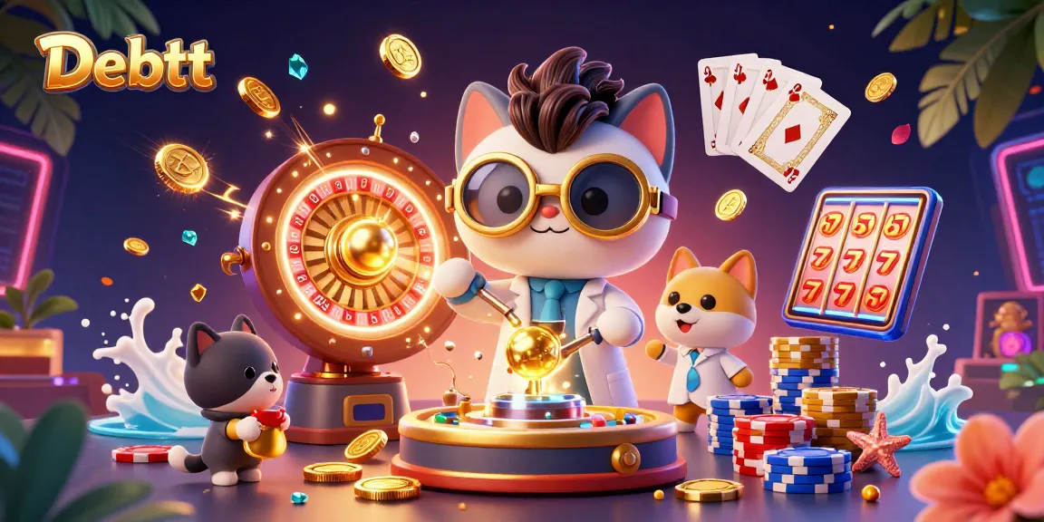 Engage in thrilling casino action with Debett's vibrant 3D illustration featuring a mad scientist and golden coins.