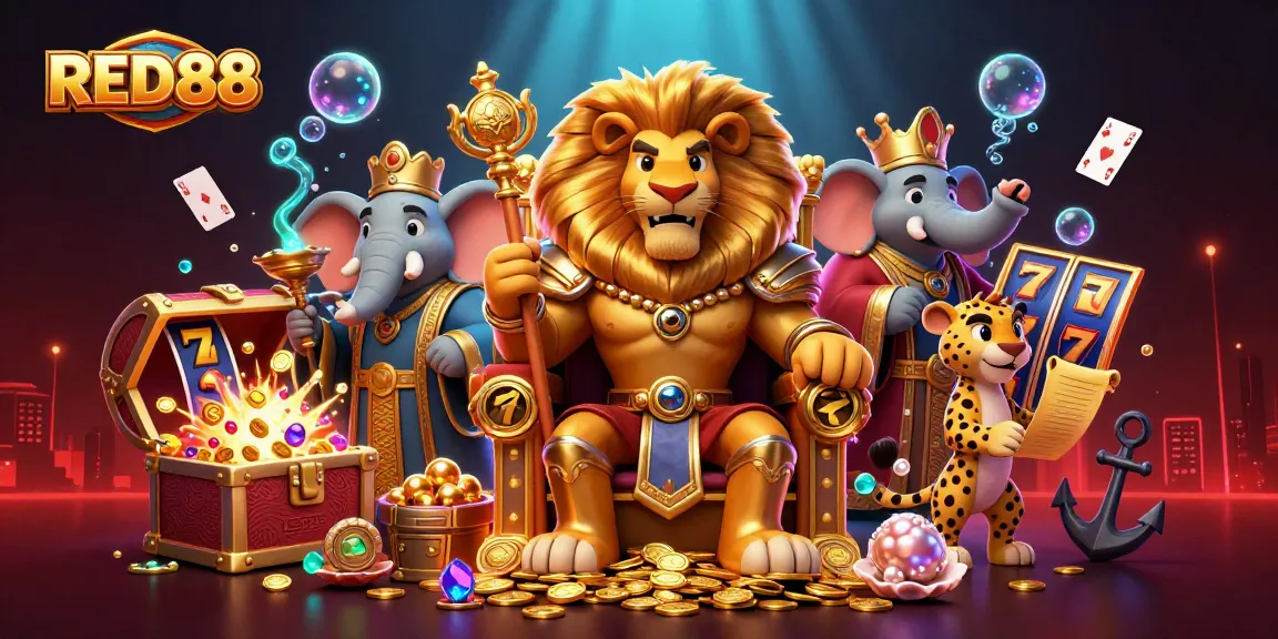 WIN with RED88 in a vibrant 3D illustration showcasing a lion king and thrilling casino elements