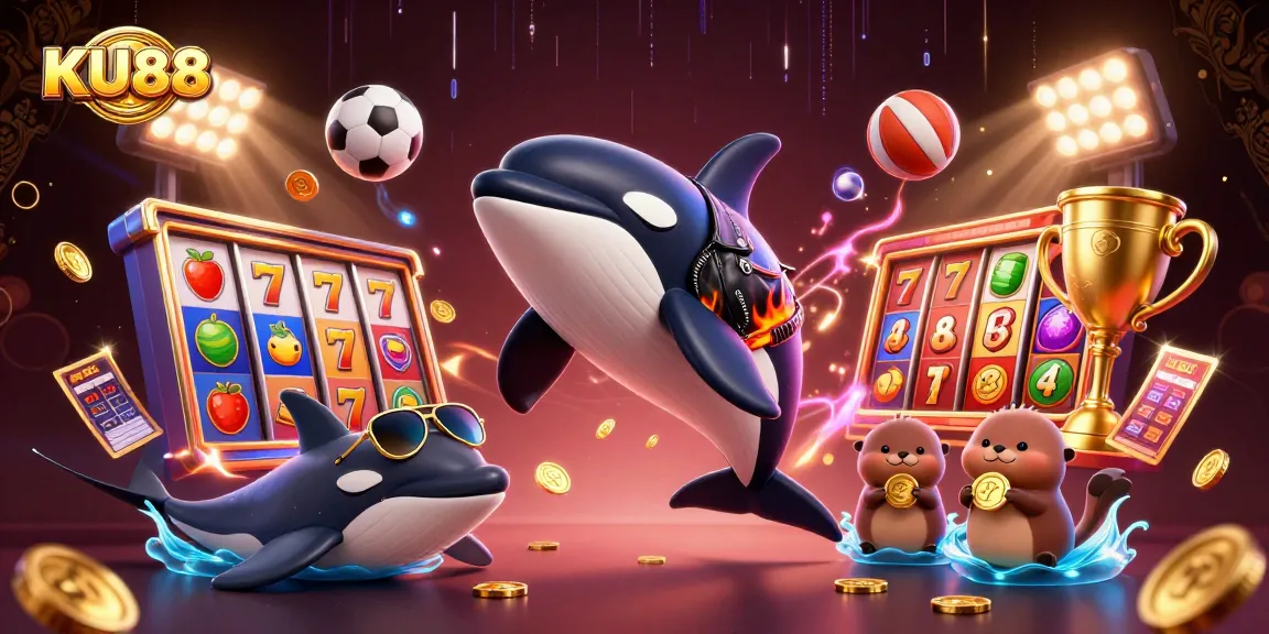 Engage with KU88 in this vibrant 3D illustration showcasing casino elements and lively sea creatures.