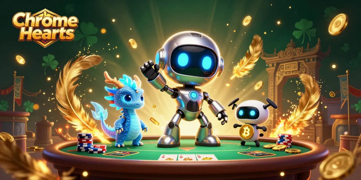 Experience thrilling poker action with Chrome Hearts’ 3D robot and holographic companions in an exotic casino setting.