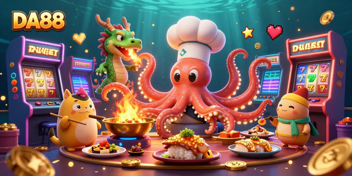 Engage in thrilling gameplay at DA88 with an energetic underwater casino scene filled with slot machines and characters.