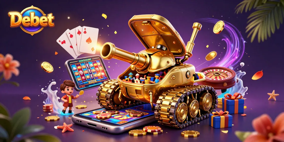 Debet showcases a uniquely designed golden beetle tank casino with vibrant gaming elements.