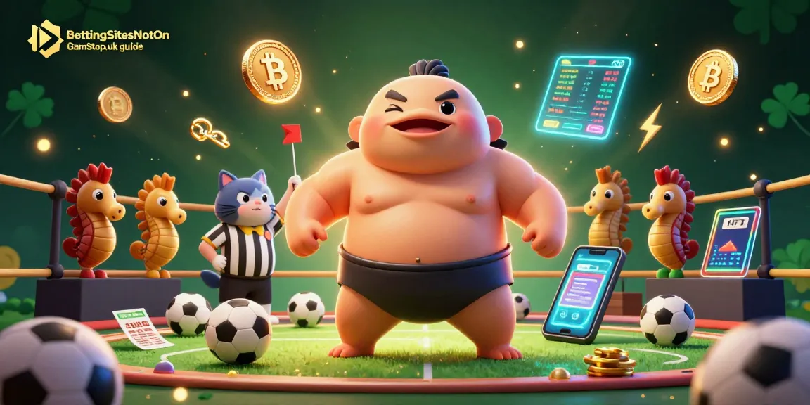 BettingSitesNotOnGamStop.uk guide showcases unique football betting scene with vibrant characters and dynamic elements.