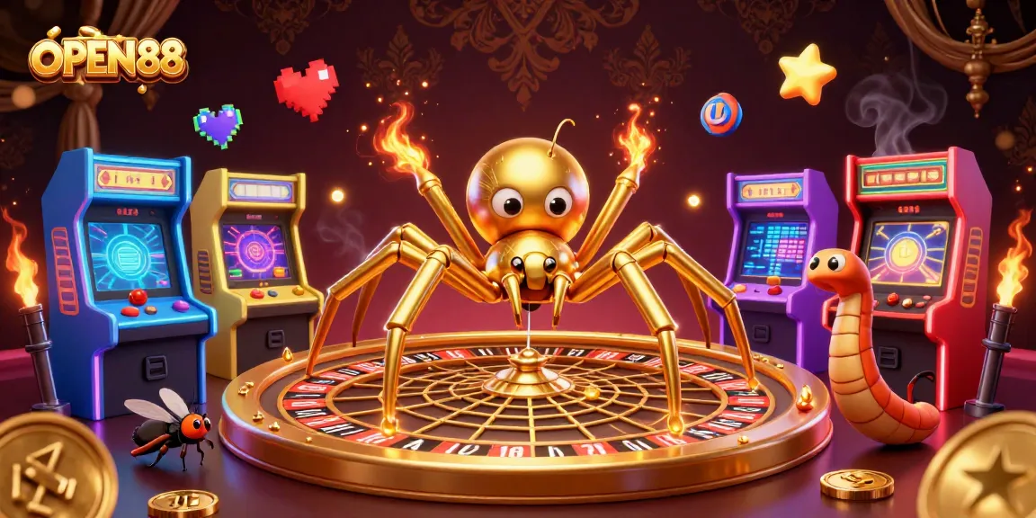 Experience the excitement at OPEN88 with this dynamic roulette-themed illustration featuring a golden spider and vibrant gaming elements.