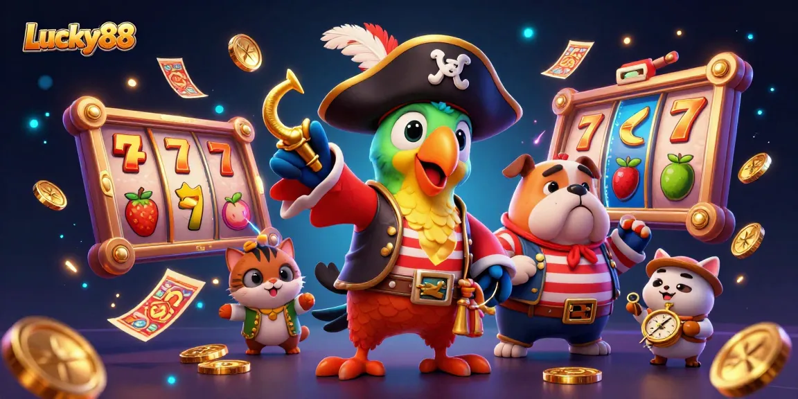 Engage with Lucky88's vibrant casino adventure featuring 3D characters, dynamic slot elements, and golden treasures.