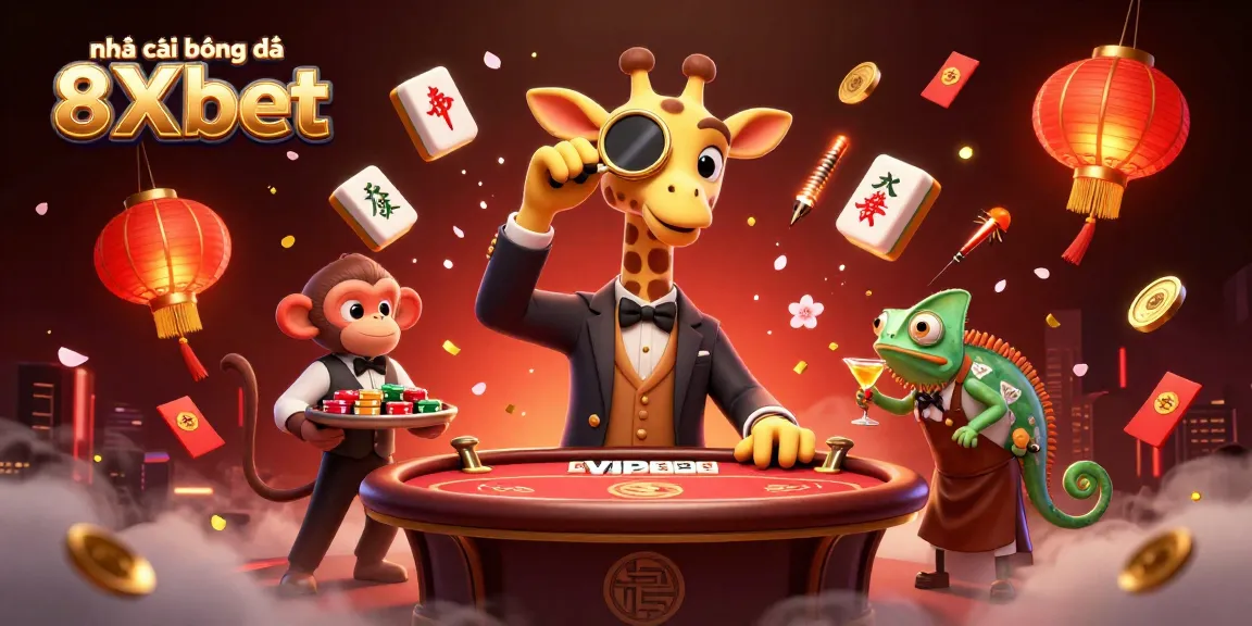 Experience the thrill of nhà cái bóng đá 8Xbet with high-stakes action at a VIP poker table featuring cartoon characters.